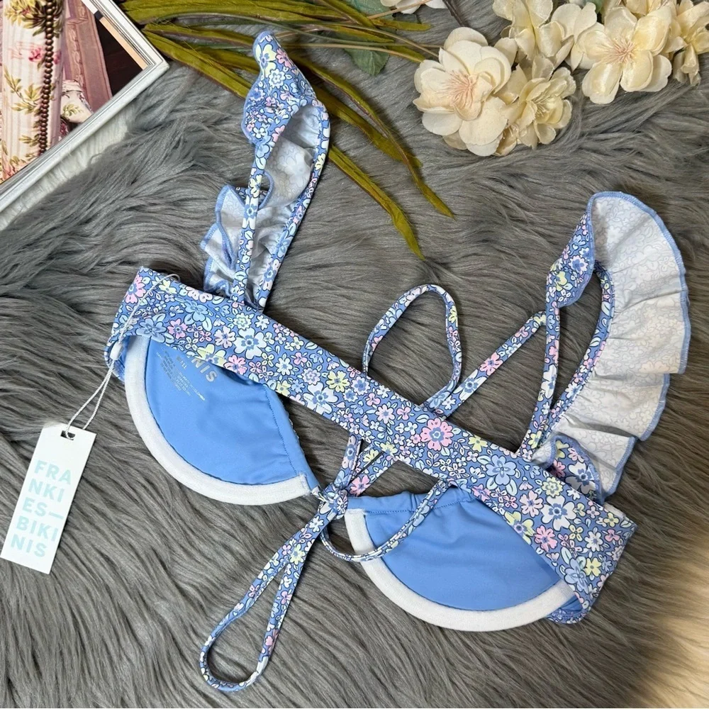 NWT Frankie’s Bikinis Blue Birdie Women’s Underwire Bikini Top Sz S